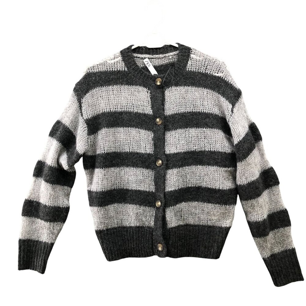 Zara Open Knit Cardigan Women S Gray Striped Button Front Wool Blend Lightweight